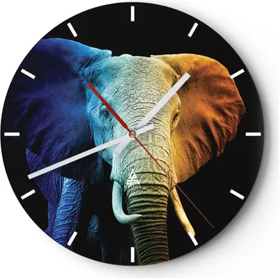 Produktbild von Wanduhr - Rund - Glasuhr - Bunt Elefant Fotografie - 30x30cm - Schleichendes Uhrwerk - Lautlos - zum Aufhängen bereit - Dekoration Modern - Wanddekoration aus Glas - C3AR30x30-4768