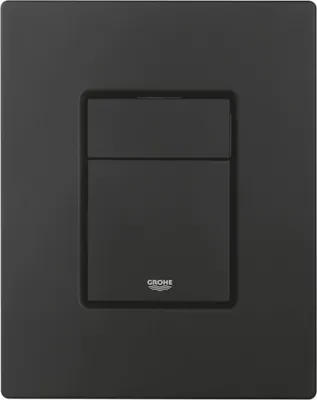A black toilet flush plate with the Grohe logo.