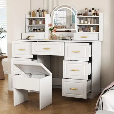 Immagine prodotto di Comodino a LED con specchio, a 9 scomparti, bianco, per soggiorno e camera da letto, 120 x 40 x 135 cm