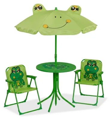 Produktbild von Relaxdays Camping Kindersitzgruppe, Frosch Motiv, Kindersitzgarnitur mit Schirm, Klappstühlen & Tisch, Garten, grün