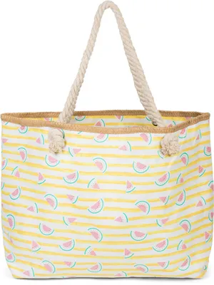 Produktbild von styleBREAKER XXL Strandtasche mit Melonen Print und Streifen | Damen Shopper mit Kordelhenkeln und Reißverschluss | Badetasche mit Früchte Muster | 59 x 38 x 15 cm