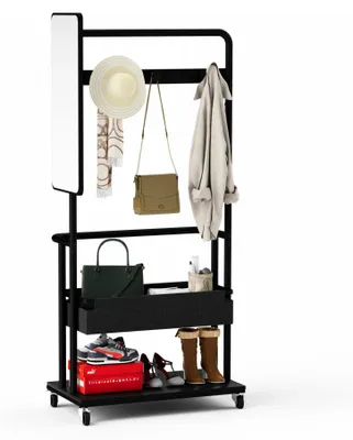 Produktbild von Kleiderständer mit Spiegel, Rollen, Metall, 3 in 1 Design, mit Aufbewahrungskorb, mobil, höhenstabil, Schwarz, 70 x 40 x 170 cm, für Flur