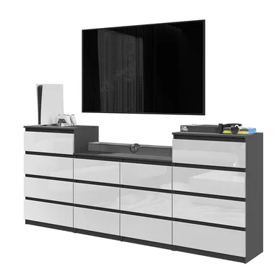 Produktbild von Kommode 220 Cm Anthrazit / Weiss Hochglanz Mit 14 Schubladen, Set Aus Drei Kommoden, Für Das Wohnzimmer
