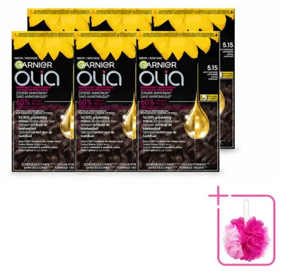 Imagen del producto de 6 tintes para el cabello Garnier Olia 5.15, color castaño claro, sin amoníaco, pack ahorro, 6 unidades