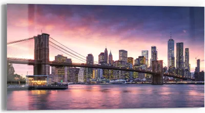 Produktbild von DEQORI Glasbild Echtglas 60x30 cm 'Brooklyn Bridge Abendröte' Wandbild Bild modern Deko
