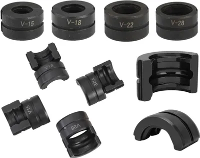 A collection of black metal dies for a PEX pipe crimping tool, arranged on a white background.