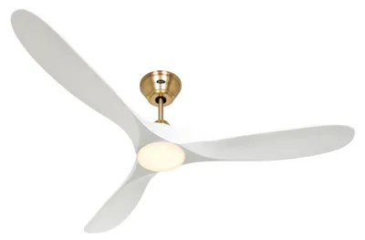 Productafbeelding van Energiezuinige plafondventilator met LED-verlichting en afstandsbediening, model Eco Genuino-L, met een afwerking in geborsteld messing/mat wit, diameter 152 cm