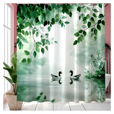Produktbild von Duschvorhang Grün Blätter Pflanze Duschvorhänge - Wasserdichter Polyester mit 12 Haken & gewichtetem Saum, Waschbar Bad Vorhäng für Badezimmer/Dusche (200cm X 200cm)