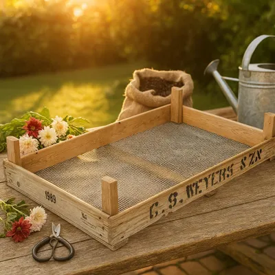 Produktbild von Blumenzwiebelkiste Holz Vintage 70x50x15cm Zwiebelsieb Regal Deko Upcycling