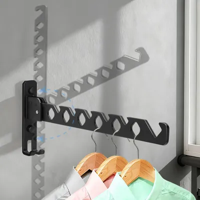 Produktbild von Zusammenklappbarer Wandkleiderständer, klappbare Kleiderhaken, um 180° drehbare Kleiderhaken, Wandregal aus Edelstahl mit 6 Löchern, für Balkon, Waschküche, Badezimmer (schwarz)