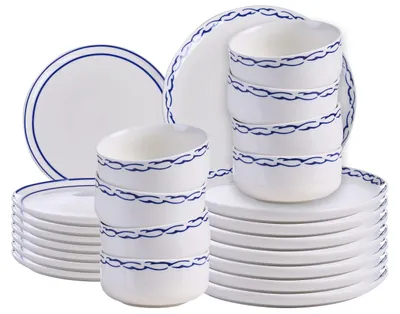 Obrázek produktu pro BELIANI 24dílná sada porcelánového jídelního nádobí bílá s modrým okrajem glazovaná ručně vyráběná sada nádobí jídelna kuchyně