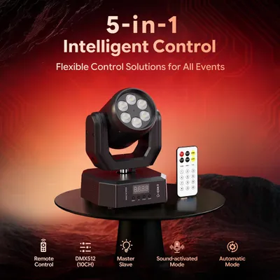 Obrázok produktu pre Mini pohyblivé LED svietidlo – osvetlenie pre pódium – 60 W RGBW LED – ovládanie cez DMX – diaľkové ovládanie – uhol vyžarovania 25° – konektor pre európsku zásuvku – čierna farba