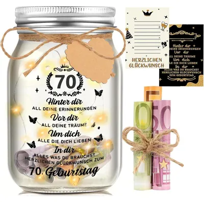 Productafbeelding van LED-fleslamp, 70e verjaardag, glas met lichtketting (10 LED's, warm wit licht), cadeau, decoratie