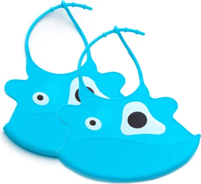 Produktbild von 2 Stück Baby Kinder Lätzchen mit Motiv Wasserdicht abwaschbar Farbe Blau Silikon Babylätzchen verstellbar Latz mit Auffangschale Unizise Unisex