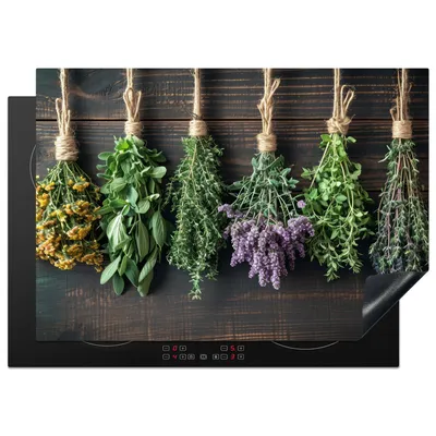 Produktbild von KitchenYeah© Herdabdeckplatte Kräuter - Gewürze - Holz , 75x52cm, Küche Deko, Glaskeramikkochfeld Herdabdeckung, Abdeckplatte fùr Kochfeld