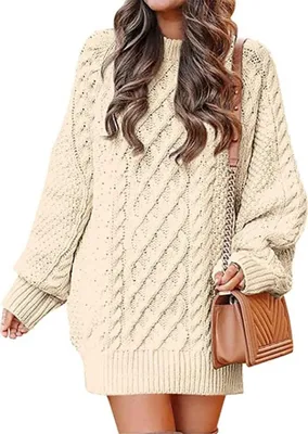 Produktbild von ASKSA Damen Pulloverkleid Rundhalsausschnitt Langarm Zopfmuster Rollkragen Chunky Pullover Kurze Pulloverkleider, Aprikose, L