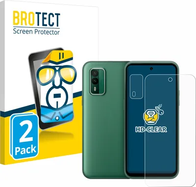 A product shot of a green smartphone with screen protectors and packaging.