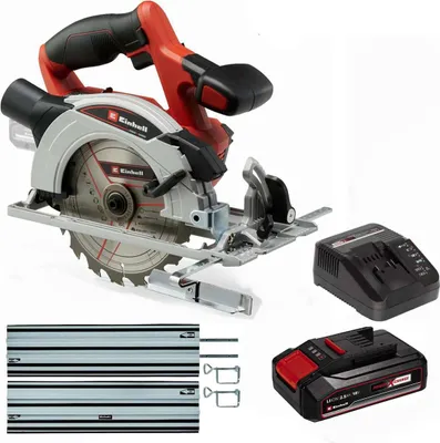 A cordless circular saw with accessories, including a battery, charger, and guide rail, displayed against a white background.