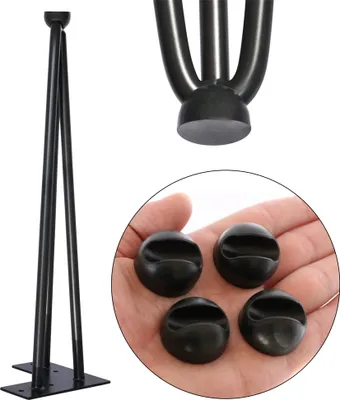 A set of black silicone floor protectors for hairpin legs, shown in a hand and as part of a leg assembly.