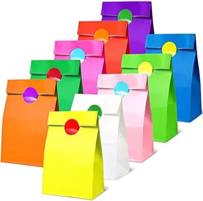 Produktbild von PolkaHome® Bunte Papiertüten – 50 Stück mit 60 Stickern – 15 x 8 x 24 cm, Kraftpapier