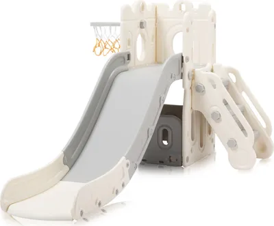 Obrázek produktu pro Dětská skluzavka Baby Vivo s basketbalovým košem - hrad v šedé / béžové barvě