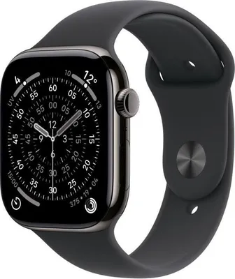 Image de Apple Watch Series 11 GPS + Cellular, 42mm, Boîtier Titane Slate, Bracelet Sport Noir M/L