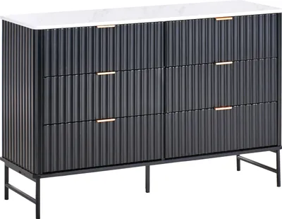 Produktbild von BELIANI Kommode mit 6 Schubladen Schwarzes MDF Metallbeine Marmorplatte Geriffeltes Frontdesign Modernes Aufbewahrungsmöbel Wohnzimmer-Schlafzimmer