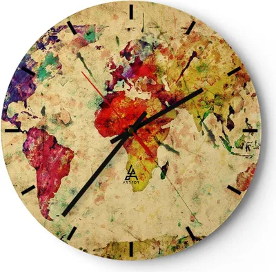 Produktbild von Wanduhr - Rund - Glasuhr - Karte Welt modern - 40x40cm - Schleichendes Uhrwerk - Lautlos - zum Aufhängen bereit - Dekoration Modern - Wanddekoration aus Glas - C3AR40x40-3582