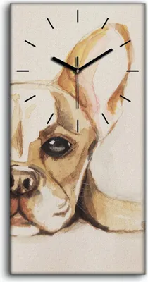 Produktbild von Leinwand Uhr Küche Wohnzimmer Bild Geräuschlos 30x60 Bulldogge Hund Tier Welpe - schwarze Hände