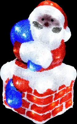 A decorative Santa Claus figure on a chimney, illuminated by LED lights.