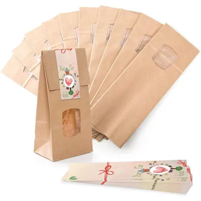 Produktbild von Verpackung 10 kleine braune Blockbodenbeutel Geschenk-Tüte MIT Fenster + Pergamineinlage 10,5 x 6,5 x 29 cm + 10 Aufkleber 5 x 15 cm Welt nur für Dich rosa pink HERZ"Nur für dich" rosa bunt / 25 Stück