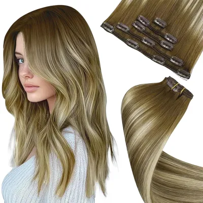 Productafbeelding van Clip-in haarverlenging, echt haar, balayage, bruin-blond, 5 stuks, 80 gram, 40 cm