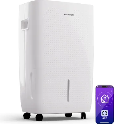 Image de Klarstein DryFy Connect 60L Déshumidificateur, 60L/24h, Wi-Fi, Réservoir 8L, Minuterie 24h, Silencieux, Portable, Pour Salle de Bain & Pièces 45-65m², Blanc
