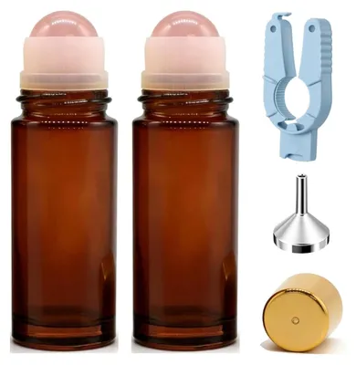 Produktbild von 2 x 50 ml Roll-On-Fläschchen aus braunem Glas mit Rosenquarz – Nachfüllbare Flaschen für ätherische Öle