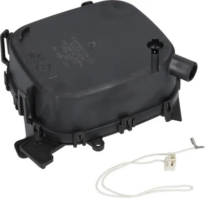 A black evaporator unit with attached wiring is shown against a white background.