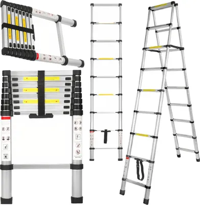 Produktbild von KRAFT&DELE | Teleskopleiter Aluminium, 2.6m, Leichte Ausziehleiter, Leiter Ausziehbar, klappbare Leiter für Dachböden, Caravans, 150kg Tragfähigkeit, Silber