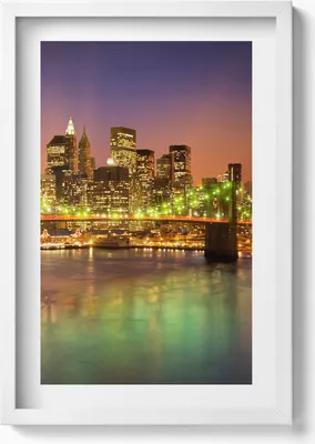 Produktbild von Brooklyn Bridge bei Nacht– Wandbild mit Rahmen – Gerahmtes Bild  – Wanddekoration – 40x60 cm – Weiß