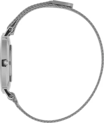 A side view of a silver watch with a mesh band.