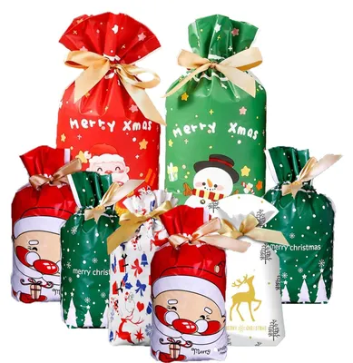 Produktbild von Weihnachtsgeschenktüten Geschenkbeutel Weihnachtstüten - Mit Zugband - 34 Stück - 15 x 23 cm und 23 x 35 cm - Weihnachtsmotiv