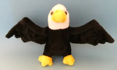 A plush toy eagle against a plain background.