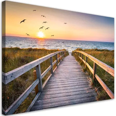 Produktbild von Leinwandbild Sonnenuntergang am Meer Strand 60x40 Feeby Orange bild für die wand bereit zum aufhängen