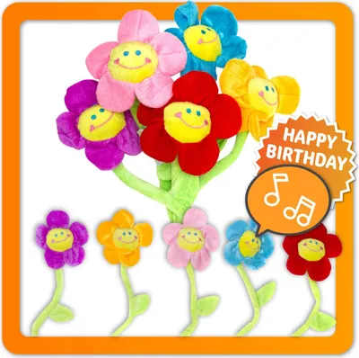 A bouquet of plush smiley face flowers with a 'Happy Birthday' message and musical notes overlay.