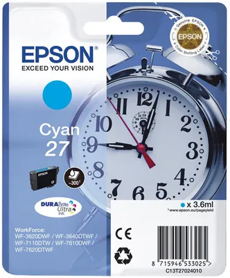 Zdjęcie produktu dla Epson Alarm clock Singlepack Cyan 27 DURABrite Ultra Ink, Cyjan, 3,6 ml, 1 szt., 300 stron(y)