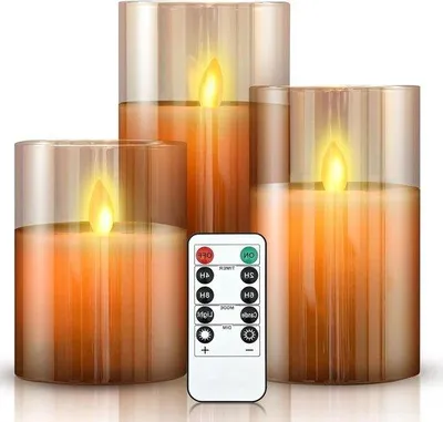 Immagine prodotto di Candele in vetro dimmerabili con fiamma mobile e telecomando, set da 3