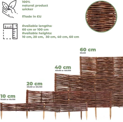 Produktbild von 10 x BOGATECO Beeteinfassung aus Weide | 60 cm Lang & 30 cm Hoch | Holz-Zaun Rasenkante | Weiden-Zaun Steckzaun