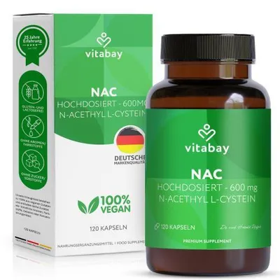 Produktbild von Vitabay NAC 600 mg – 120 vegane Kapseln mit N-Acetyl-L-Cystein – Hochdosierte Aminosäure-Kapseln – Ohne unnötige Zusatzstoffe