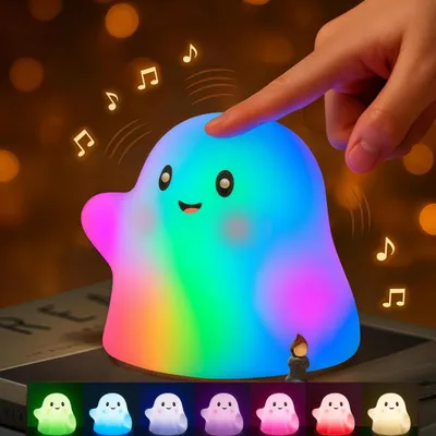 Produktbild von Geister-Nachtlicht, Tap-to-Light Silikon-Lampe mit Schlafhilfe, Musik,RGB-Farbwechsel,30-Minuten-Timer,USB-wiederaufladbare Nachttischlampe für Kinder