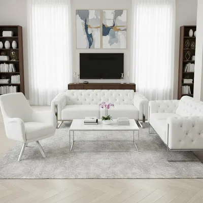Produktbild von Sofa Set Liva 3+2+1 in Velvet-Stoff, 3-Sitzer mit Schlaffunktion I Weiß-CHROM