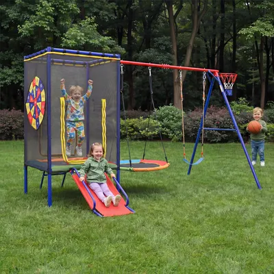 Produktbild von Flieks Outdoor-Schaukel-Set Schaukel Outdoor, 5-in-1 Schaukelgestell mit Trampolin, Schaukel,  Rutsche & Basketballkorb, Spielturm 336x217x198cm, Rot