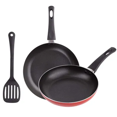 Immagine prodotto di Set di 2 padelle (20+24 cm) e cucchiaio scanalato in alluminio pressato rosso bgeu-5439 renberg
